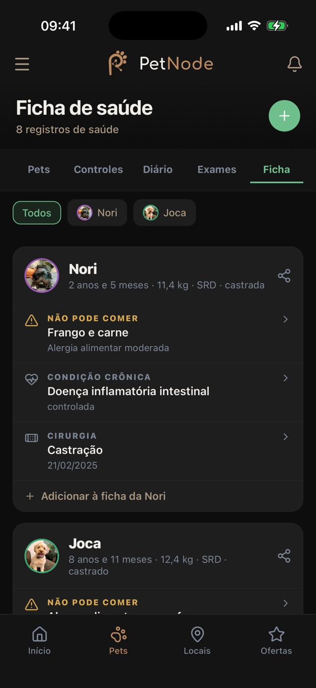 Ficha de saúde no PetNode: alergias, condições crônicas e cirurgias da Nori e do Joca