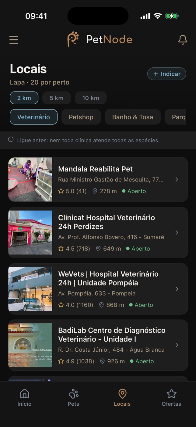 Locais no PetNode: veterinários, petshops e banho e tosa perto de você