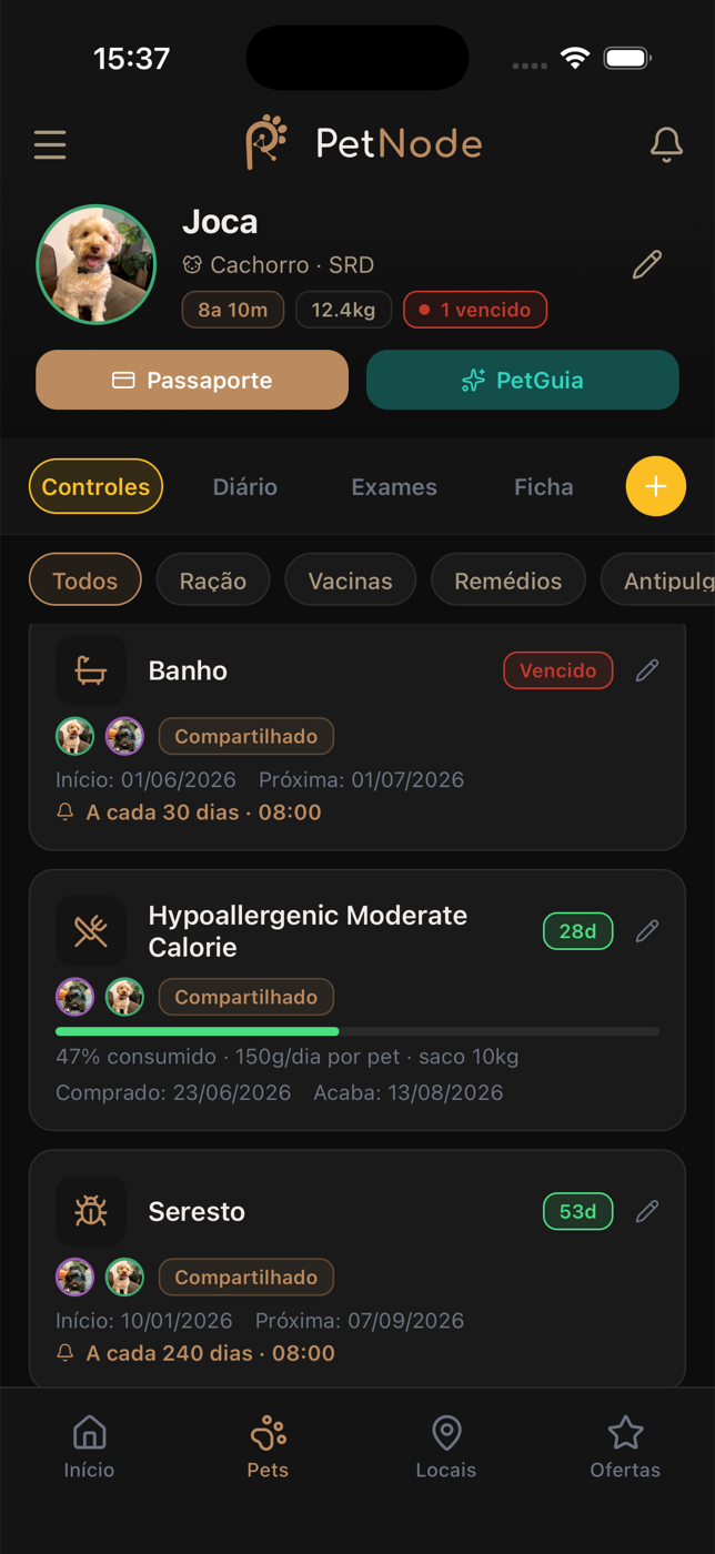 Controles do pet no PetNode