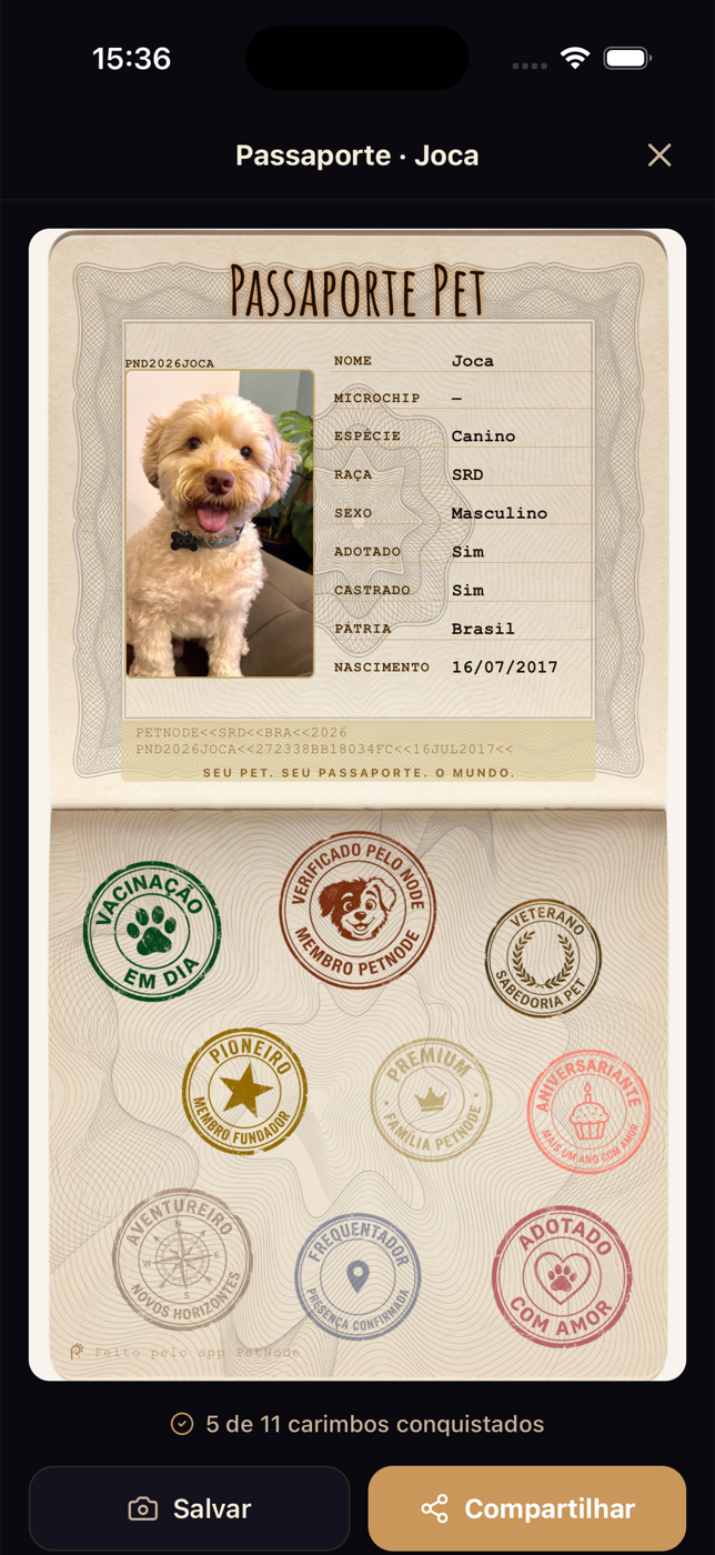 Passaporte do Joca no PetNode, com carimbos colecionados